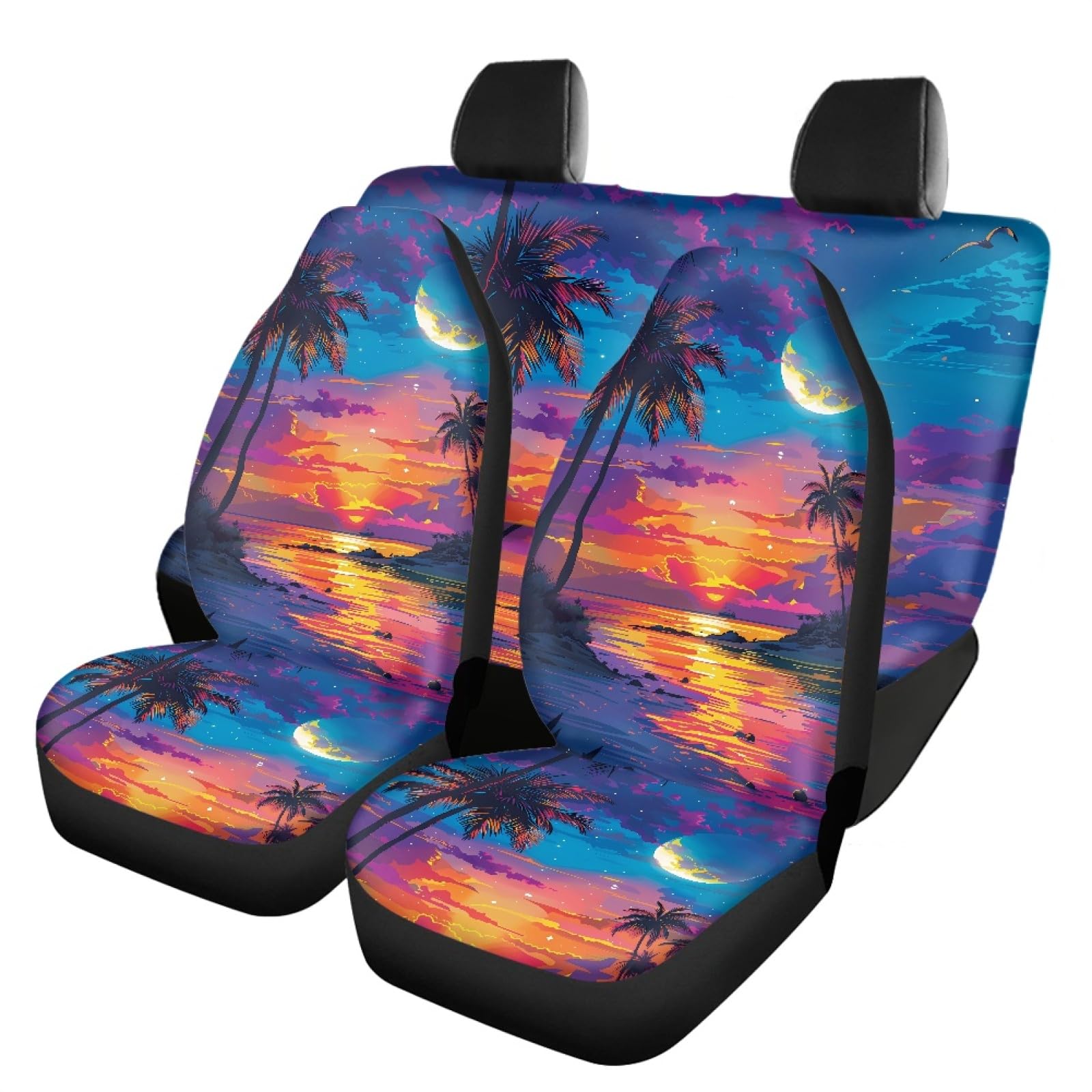 Forchrinse Purple Sunset Tropical Palm Tree Auto Seat Cover Full Set,Breathable Stretchy Front and Rear Bench Cover Polyester Seat Cover for Truck