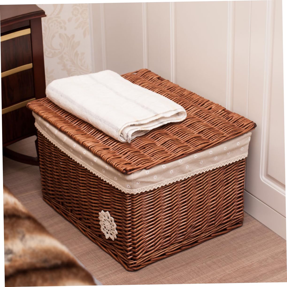 Scatola Portaoggetti in Vimini con Coperchio, Cestino Intrecciato | Cestino in Rattan con Coperchio, Soluzione Multiuso per Riordino, per Camera da Letto e Scrivania