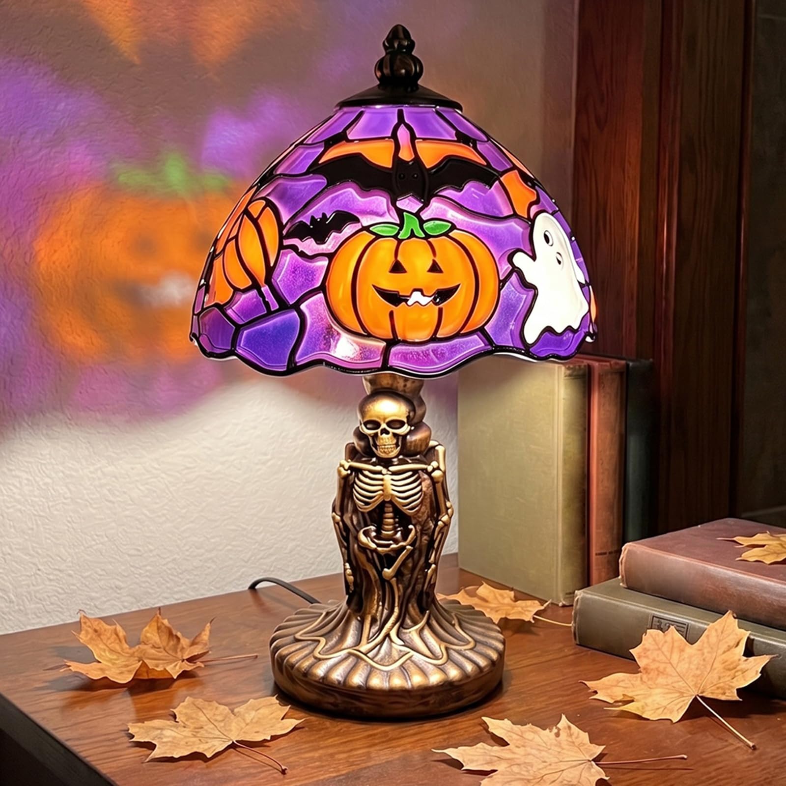 Stained Glass Halloween Pumpkin Table Lamp, Witchy Halloween Night Light