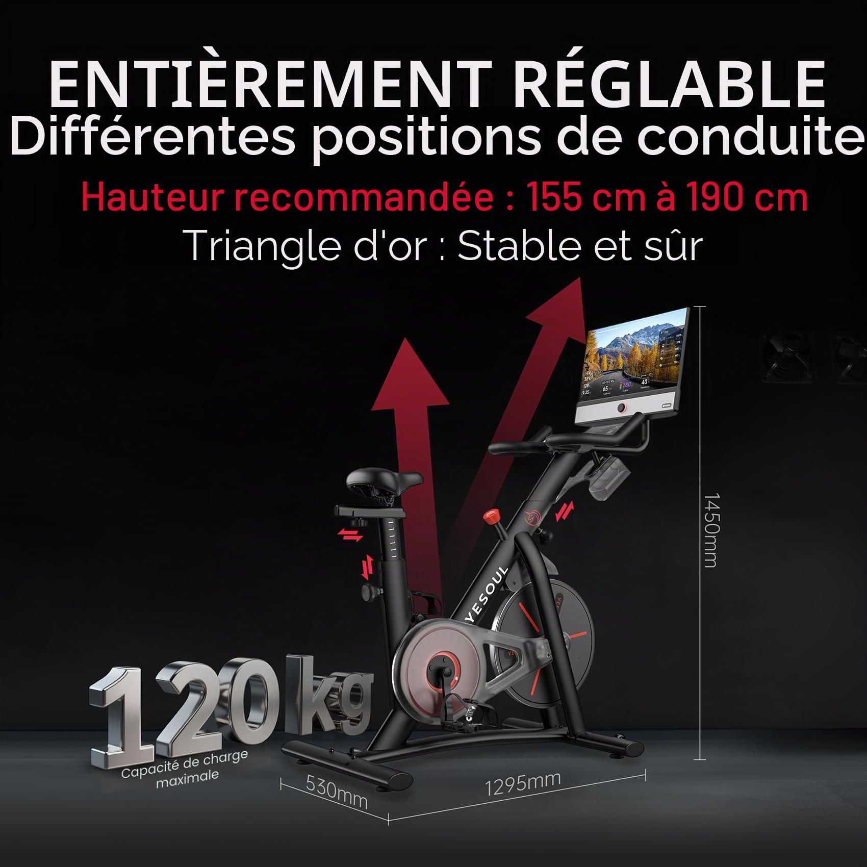 YESOUL G1M Plus Vélo d'appartement magnétique silencieux écran FHD 21,5 pouces son 360° vélo de fitness