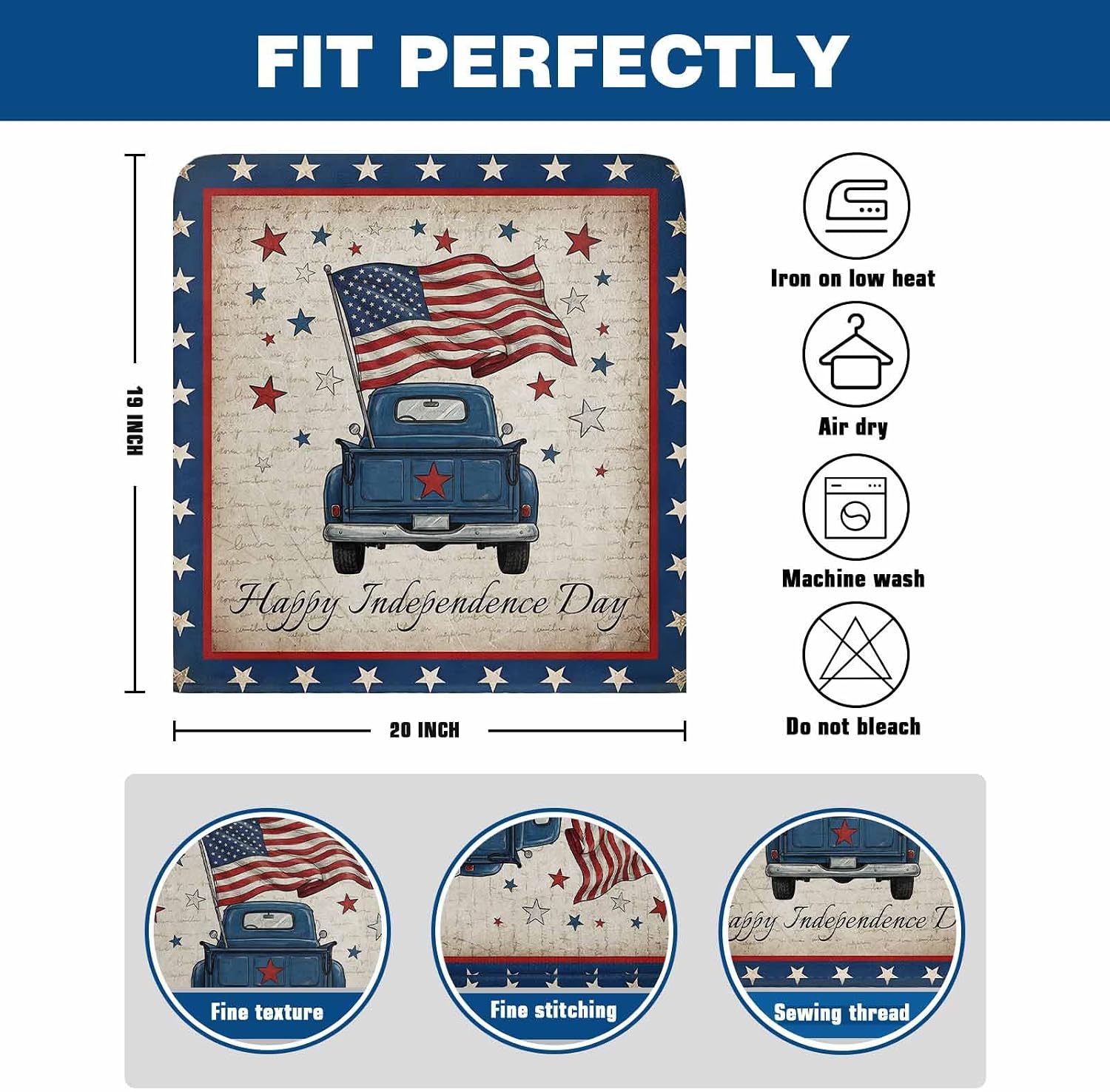 Chair Back Covers for Dining Room, Vintage 4th of July Truck Linen Polyester Back Chairs Protector, Blue Star Happy Independence Day 6 Pcs Dining Chair Seat Covers for Kitchen, 20 x 19 Inches