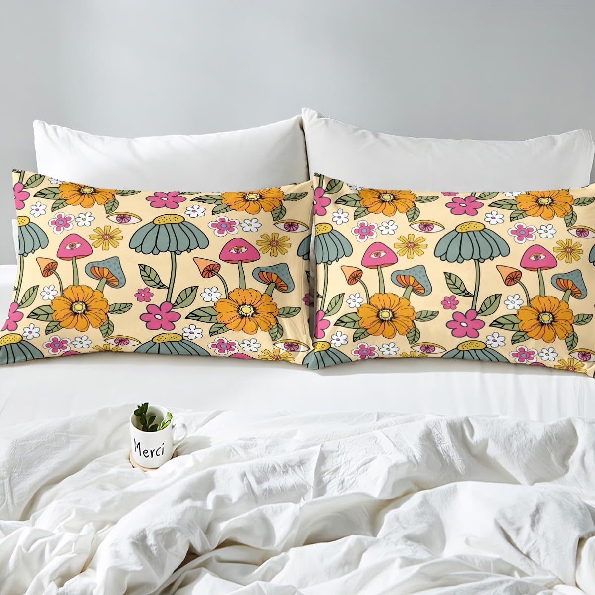 70s Retro Floral Fitted Sheet Set Full Size 4pcs,Hippie Flowers Leaves Bedding Sets(1 Fitted, 1 Flat, 2 Pillowcases) Cartoon Eyes Mushroom Luxury Deep Pocket Bed Sheets, Modern