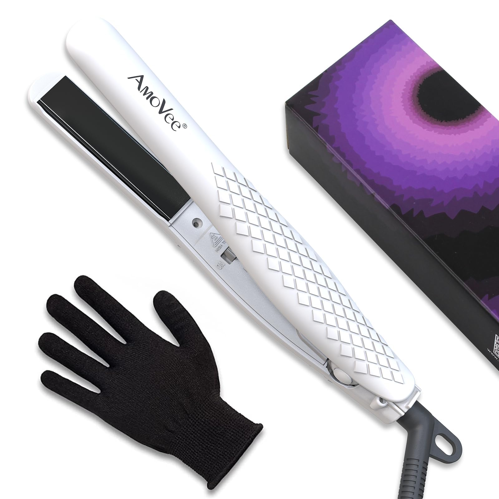 AmoVeeMini Flat Iron Nano-Titanium Hair Straightener Dual Voltage for Travel, Heat Resistant Glove Included, White