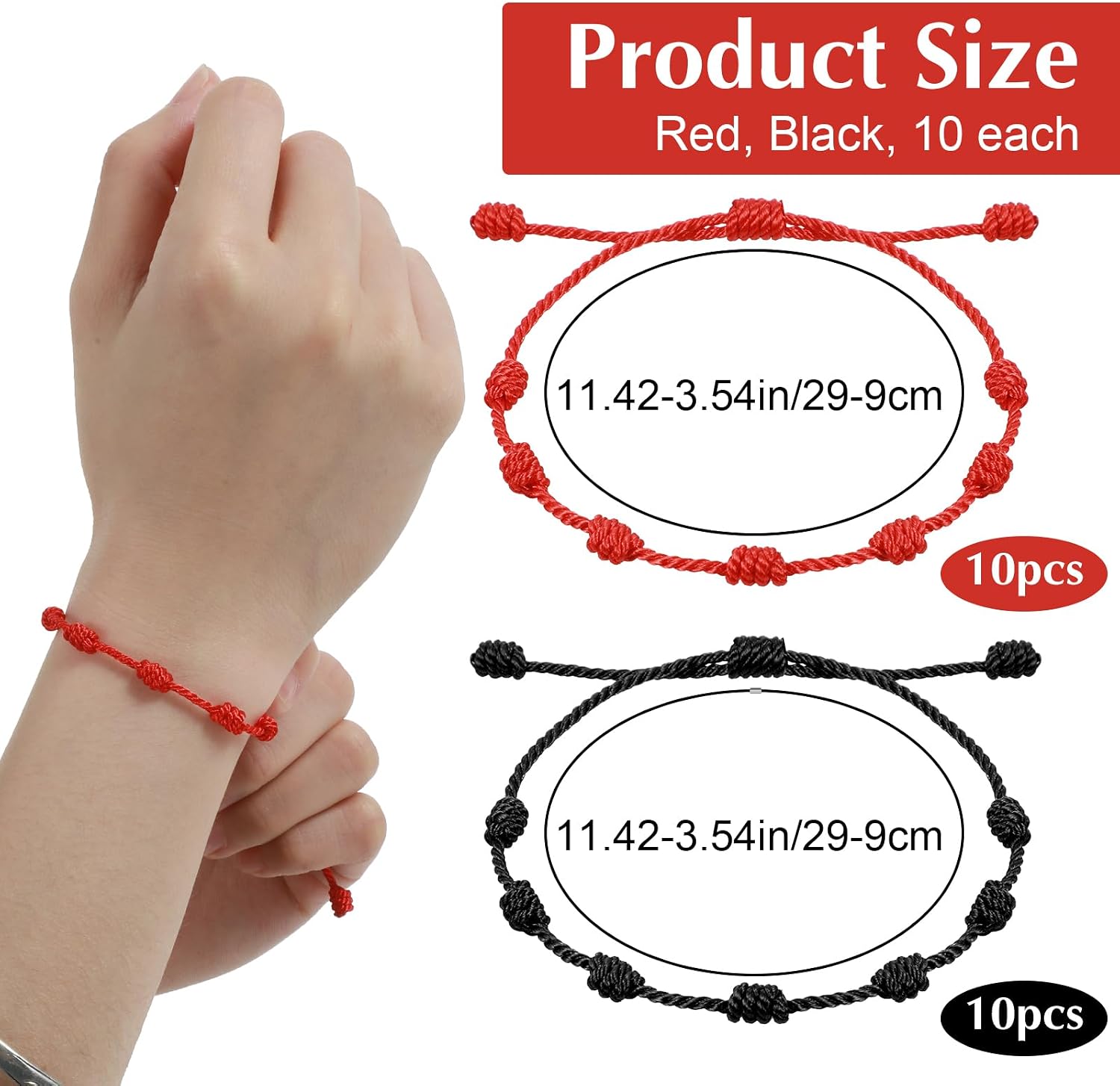 20 PCS Red Good Luck String Bracelets, Adjustable 7 Knot Thread Bracelet Black Thread Bracelet for Protection and Good Luck, Hand-Woven Nylon Cord Jewelry for Women and Men (Red, Black)