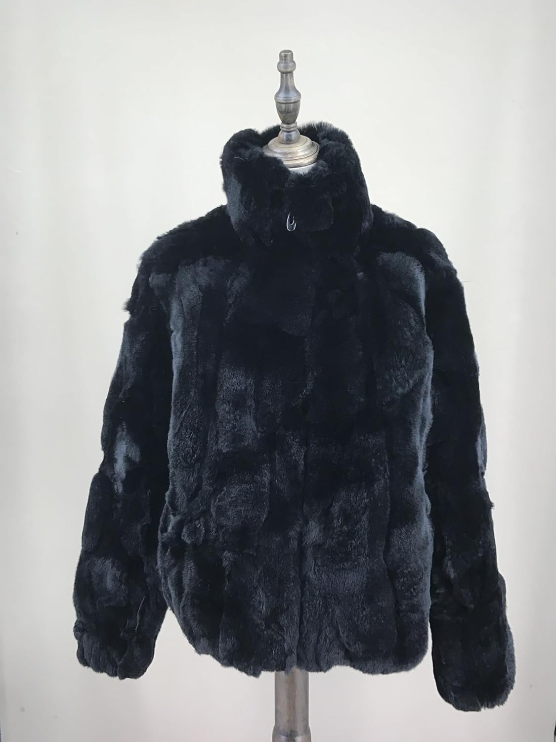 LVCOMEFF Women Natural Rex Rabbit Fur Coat with High Collar