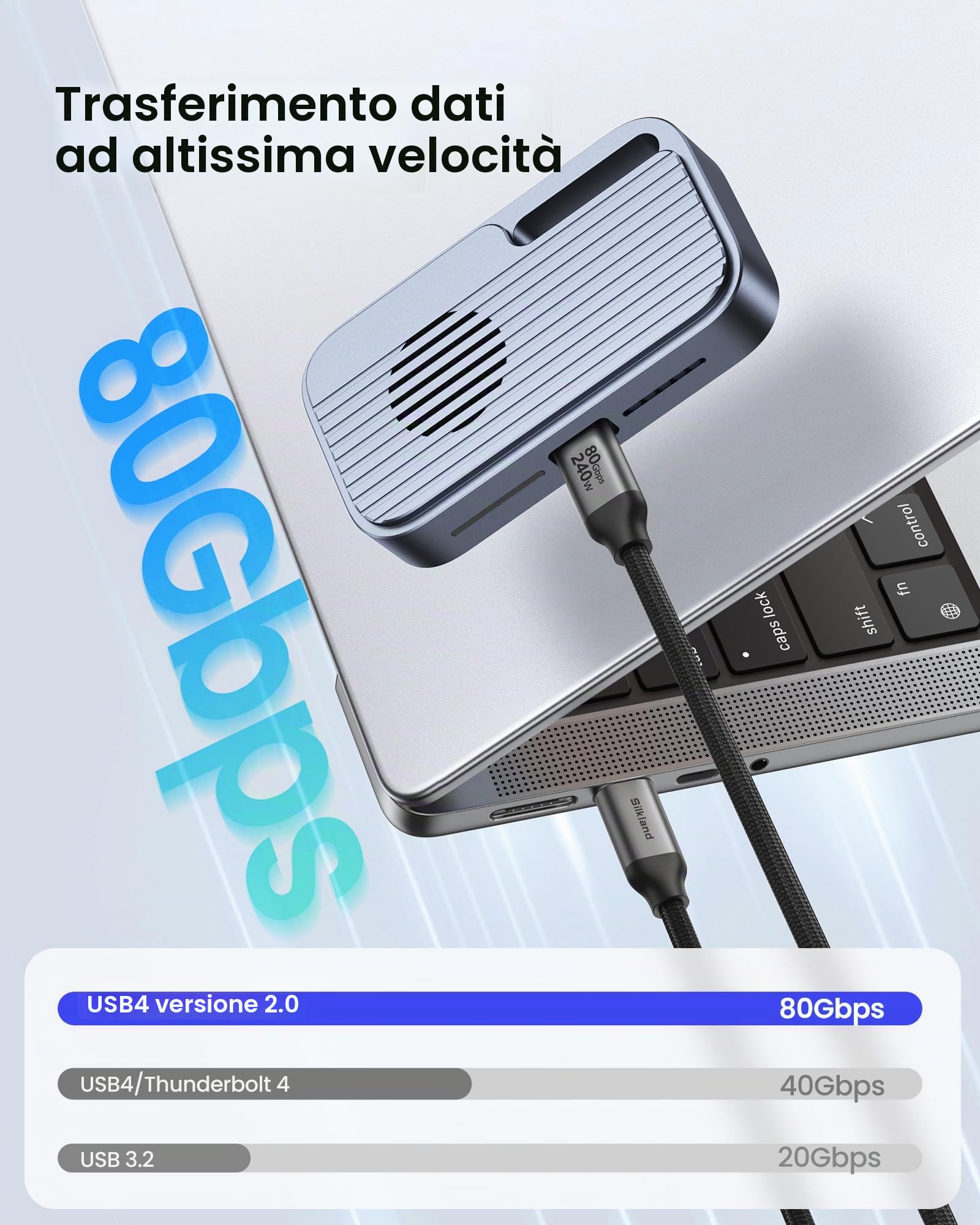 Silkland 80Gbps USB-C Compatibile con Cavo Thunderbolt 5 3M, 240W PD3.1 | Ricarica Rapida, 120Gbps con Bandwidth Boost, 16K/Dual 8K, USB Type-C per Thunderbolt 4/3, MacBook Pro, SSD, Dock, Monitor