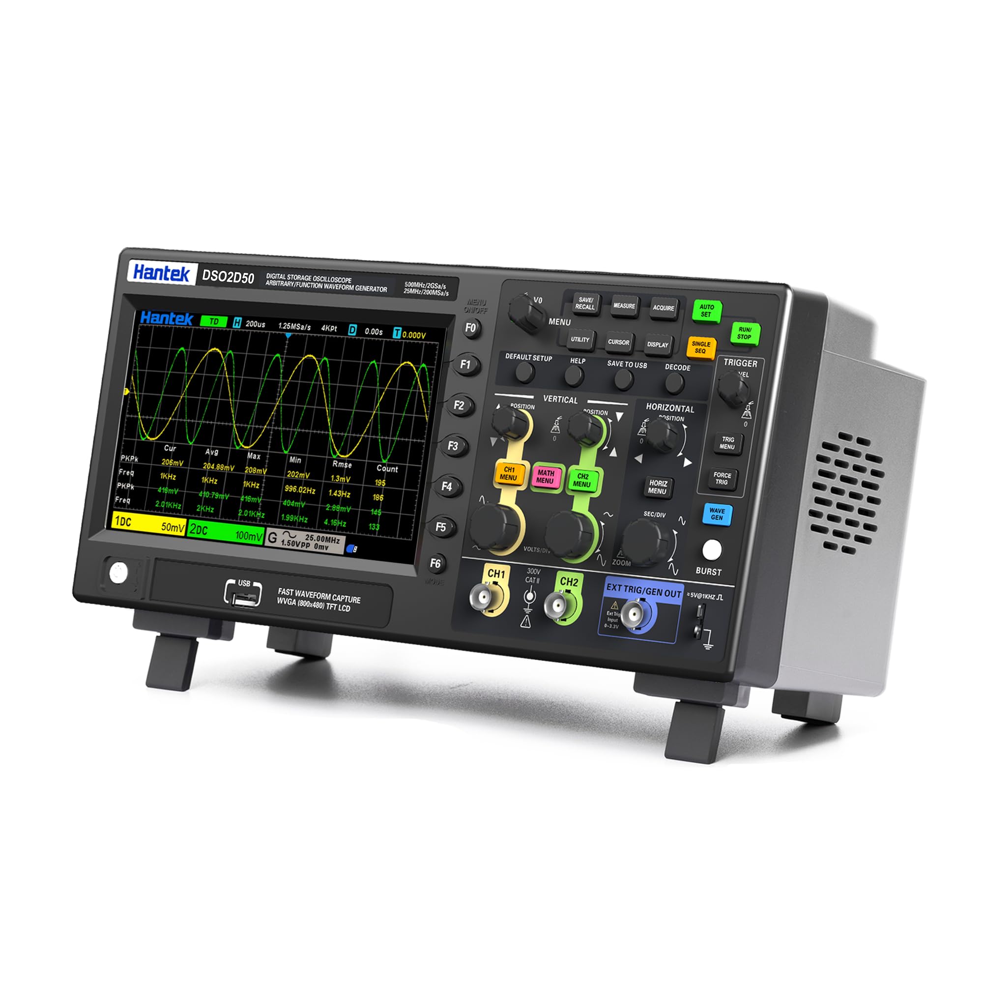 Hantek Oscilloscopio a 2 canali, oscilloscopio da 500 MHz con generatore di forma d'onda 1 CH 25 MHz, con frequenza di campionamento 2 GS/s, ideale per ingegneri, hobby, diagnostica, test e
