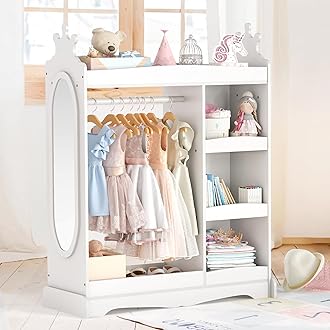 Curipeer Kids Dress up Storage with Mirror, Kids Wardrobe with 3 Hooks, Kids Closet for Girls Boys, Open Hanging Armoire Costume Organizer for Bedroom, Preschool, Classroom, White