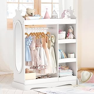 Curipeer Kids Dress up Storage with Mirror, Kids Wardrobe with 3 Hooks, Kids Closet for Girls Boys, Open Hanging Armoire Costume Organizer for Bedroom, Preschool, Classroom, White