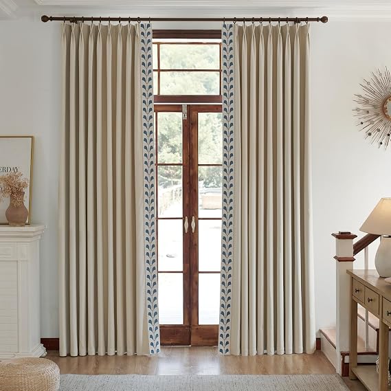 VisionaryHomeDesign Cotton Linen Solid Colour Curtains, Beige Pinch Pleat Curtains with Embroidered Trim for Living Room, Sliding Patio Doors Bedroom (50Wx96L (Set of 2))