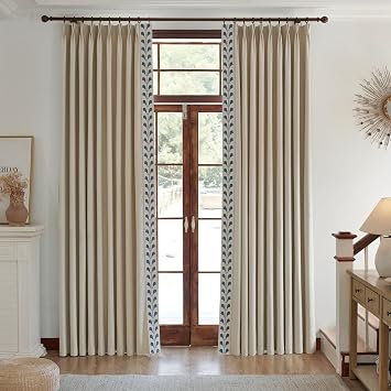 VisionaryHomeDesign Cotton Linen Solid Colour Curtains, Beige Pinch Pleat Curtains with Embroidered Trim for Living Room, Sliding Patio Doors Bedroom (50Wx96L (Set of 2))