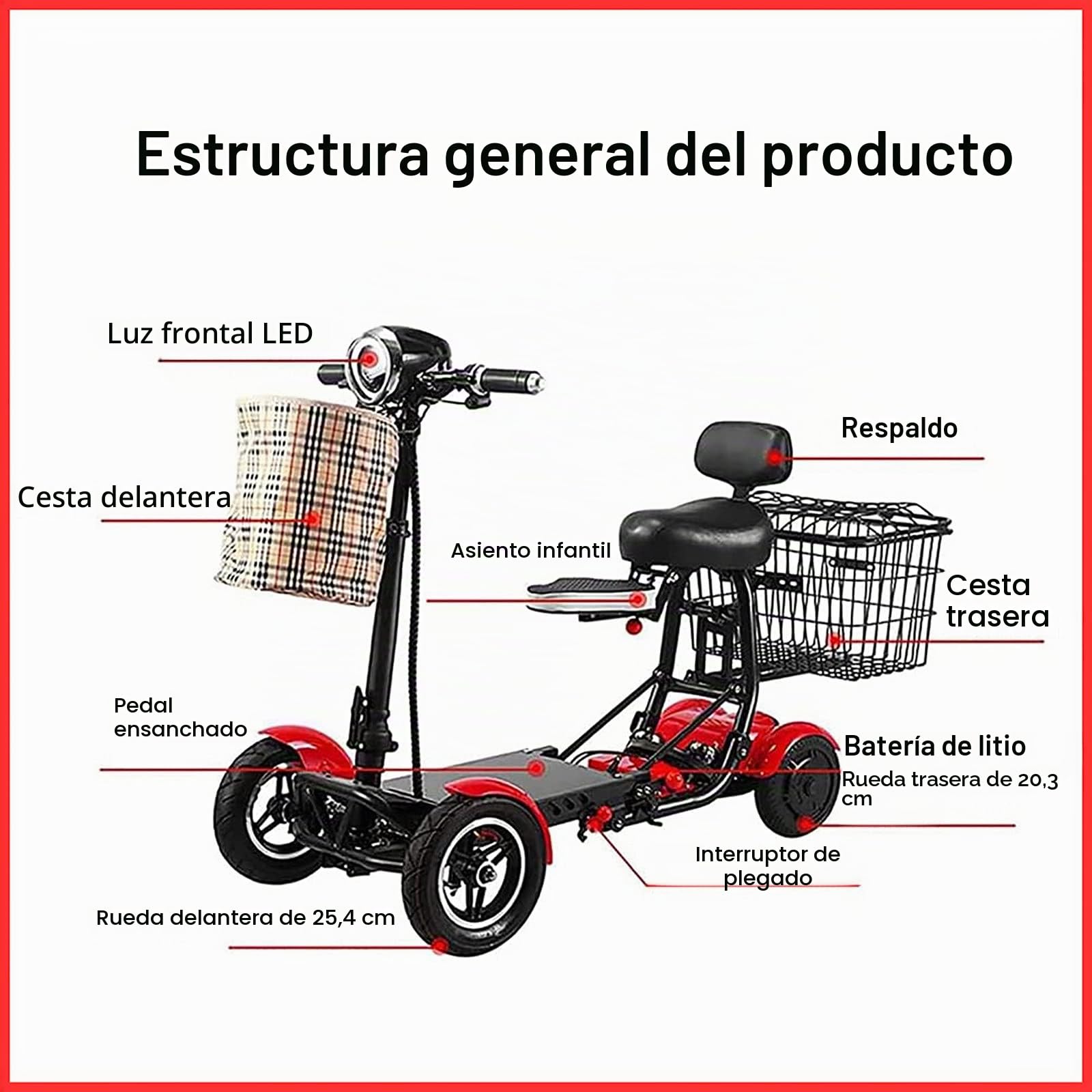 Scooter de movilidad plegable de 4 ruedas para adultos, ancianos, discapacitados, viajes al aire libre, cestas dobles delanteras y traseras, frenos de disco dobles, negro, 15,6 Ah/40 km