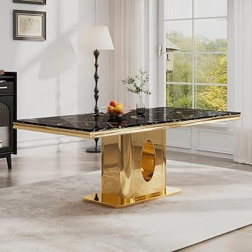 Modern Black Marble Dining Table, 70" Rectangular Kitchen Table for 6-8 with Gold Stainless Steel Base and Faux Marble Tabletop, Luxurious Dining Table for Dining Room,Living Room