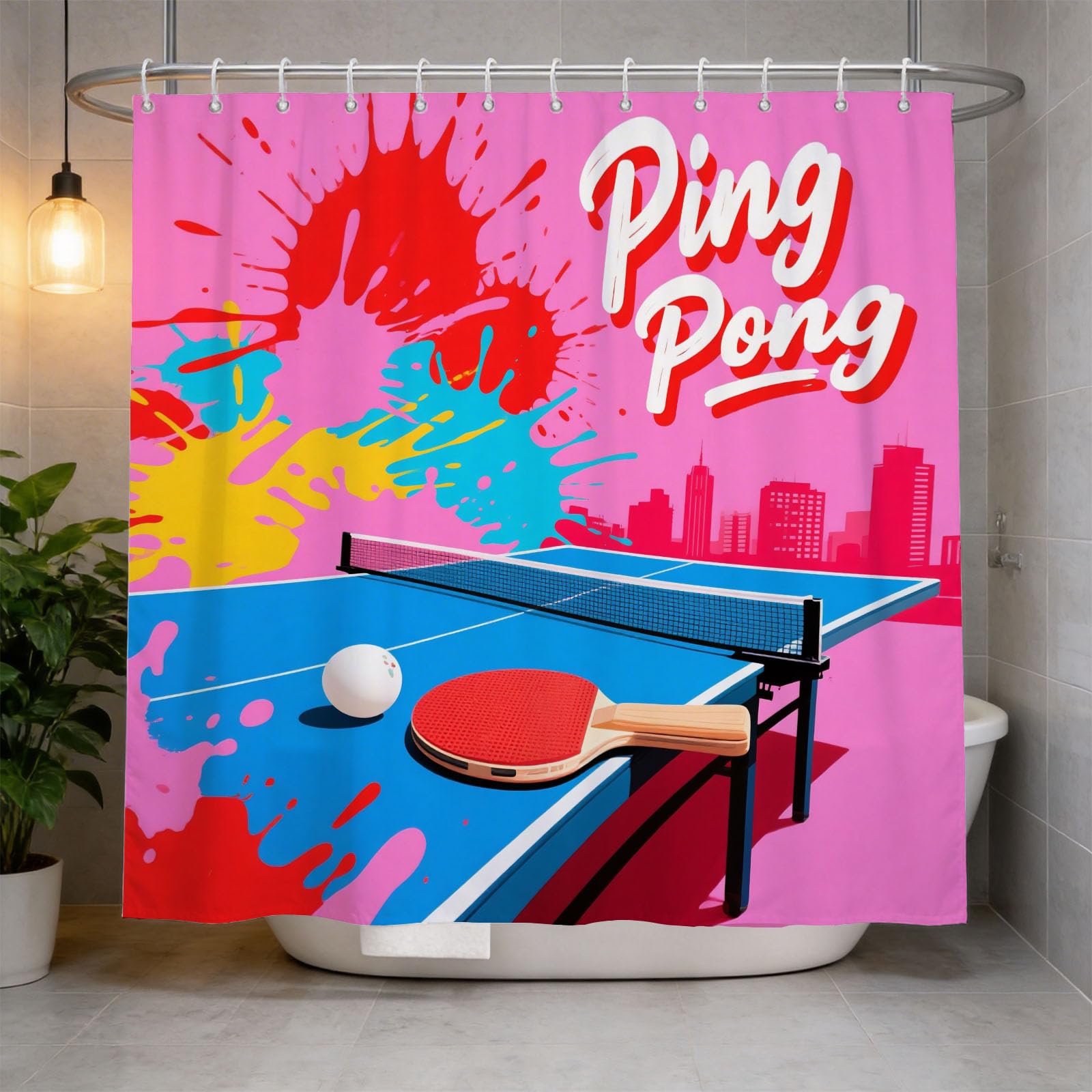 Hongduo 3D Pingpong Shower Curtain for Stalls Bathtubs Cartoon Bathroom Decor Shower Curtain Set Polyester Fabric Waterproof 120x180cm/48X71 Inch with Hooks