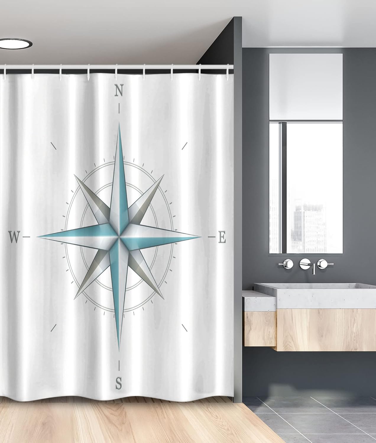 Ambesonne Compass Stall Shower Curtain, Antique Wind Rose Diagram for Cardinal Directions Axis of Earth Illustration, Fabric Bathroom Decor Set with Hooks, 54" W X 78" L, Teal Dimgray