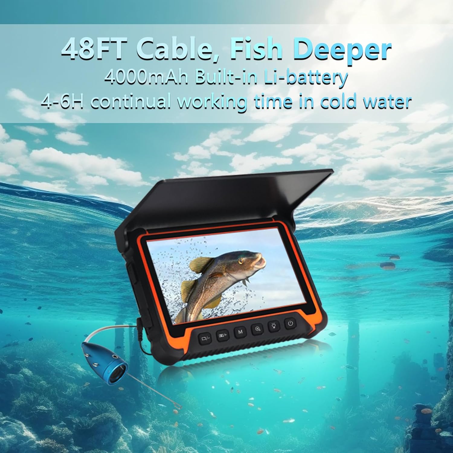 Underwater Fishing Camera,7''IPS Screen Fish Finder,1000TVL Ice Fishing Camera with 12pcs Infrared Lights,6H Battery,USB-C Charging,48FT/14.6M Cable for Lake, Boat, Ice Fishing