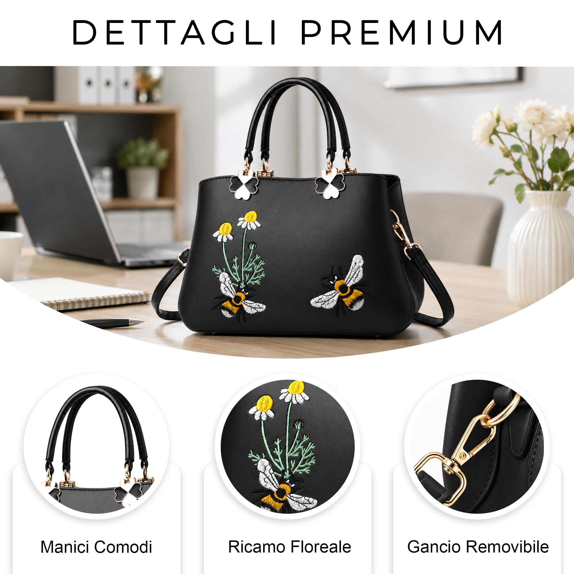 VARLIVOO Elegante Donna Borsa Ricamo Borse a Mano Borsetta Borsa a Tracolla da Donna Borse a Tracolla Spalla Lavoro Viaggiare Shopping PU Pelle Nero B