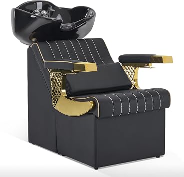 BarberPub Backwash Shampoo Station Chair and Bowl Unit, Porcelain Ceramic Basin Sink, Black&Gold Shampoo Barber Chair with Vacuum Breaker for for Barbershop Beauty Spa Salon 8615 Black