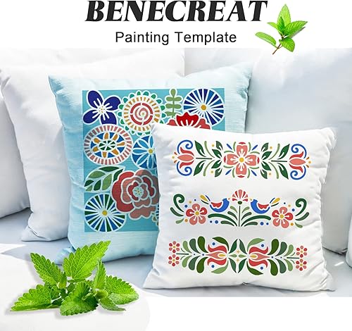 Miniatura 8 de BENECREAT Plantillas de plantillas de pintura decorativa folklórica de plástico, 12 x 12 pulgadas, patrón floral, estilo escandinavo, plantillas de