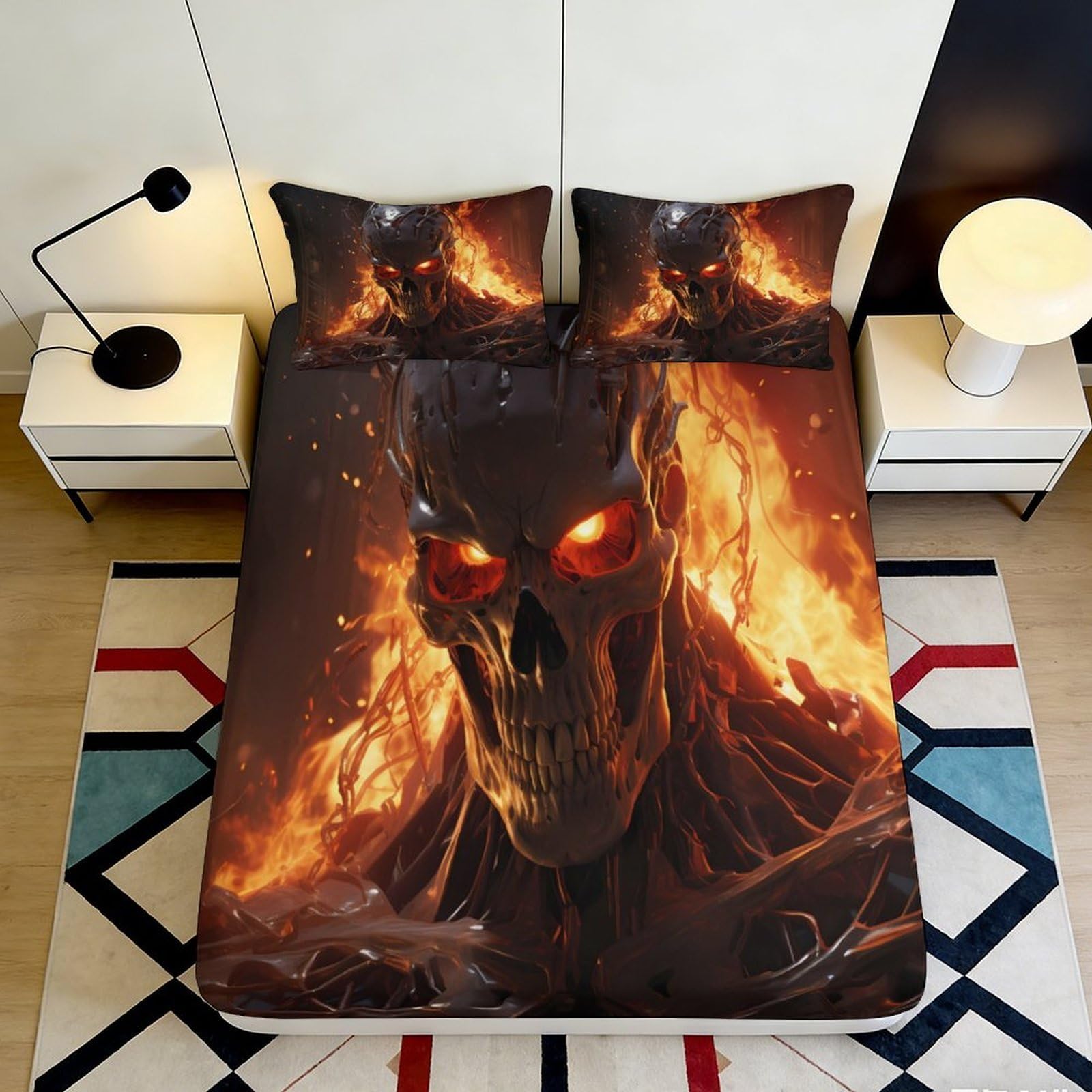 3D Printed Flaming Skull Fitted Sheet Microfiber Dark Skeleton Bed Cover for Bedroom Guest Room Mattress Decor 120x200x25cm