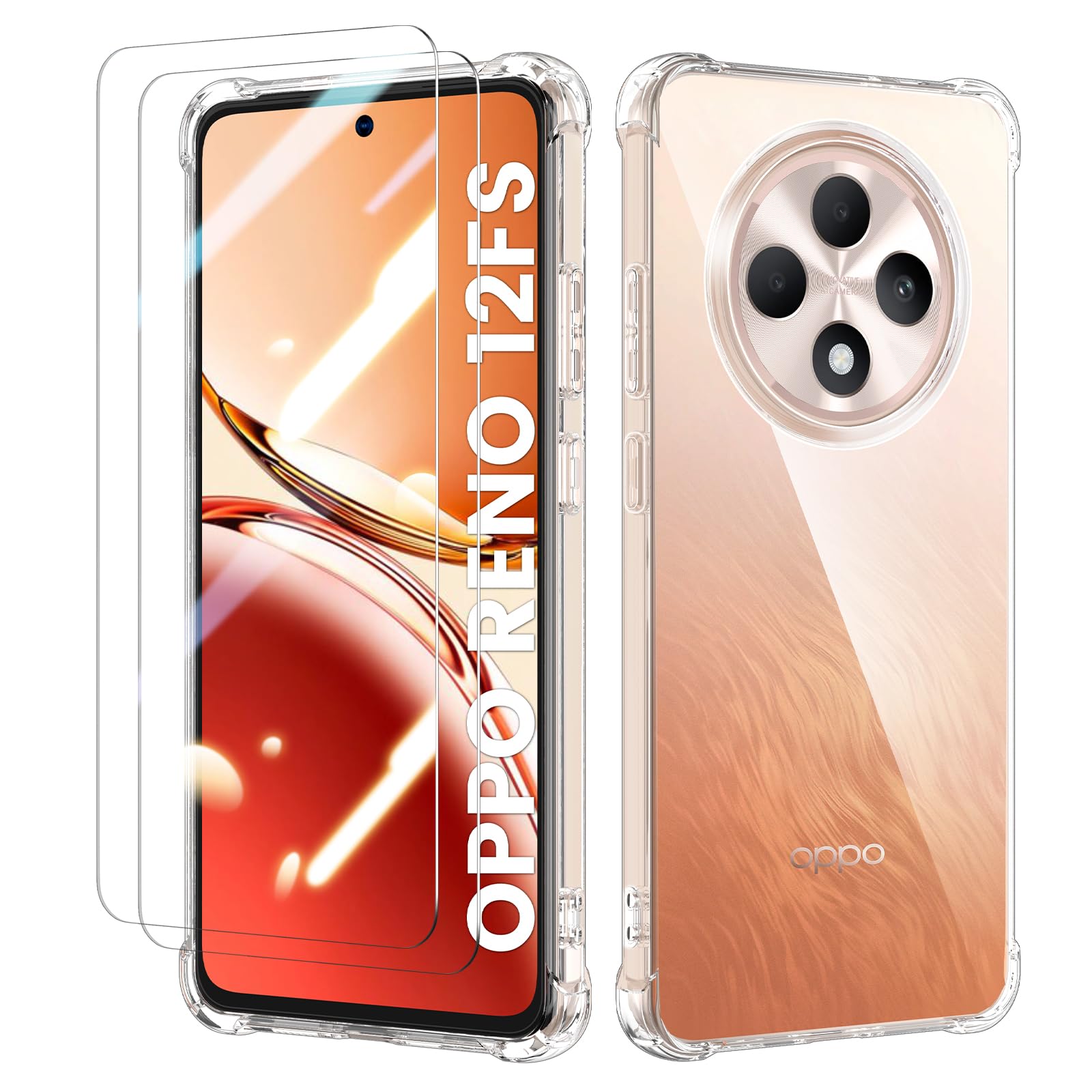 for OPPO Reno 12 FS/ 12F Case, 2 Pack HD Screen Protector, Transparent Soft TPU Silikon Slim Thin Cover Bumper Shockproof Military Full Protection Case for OPPO Reno 12 FS 4G/5G (Clear)
