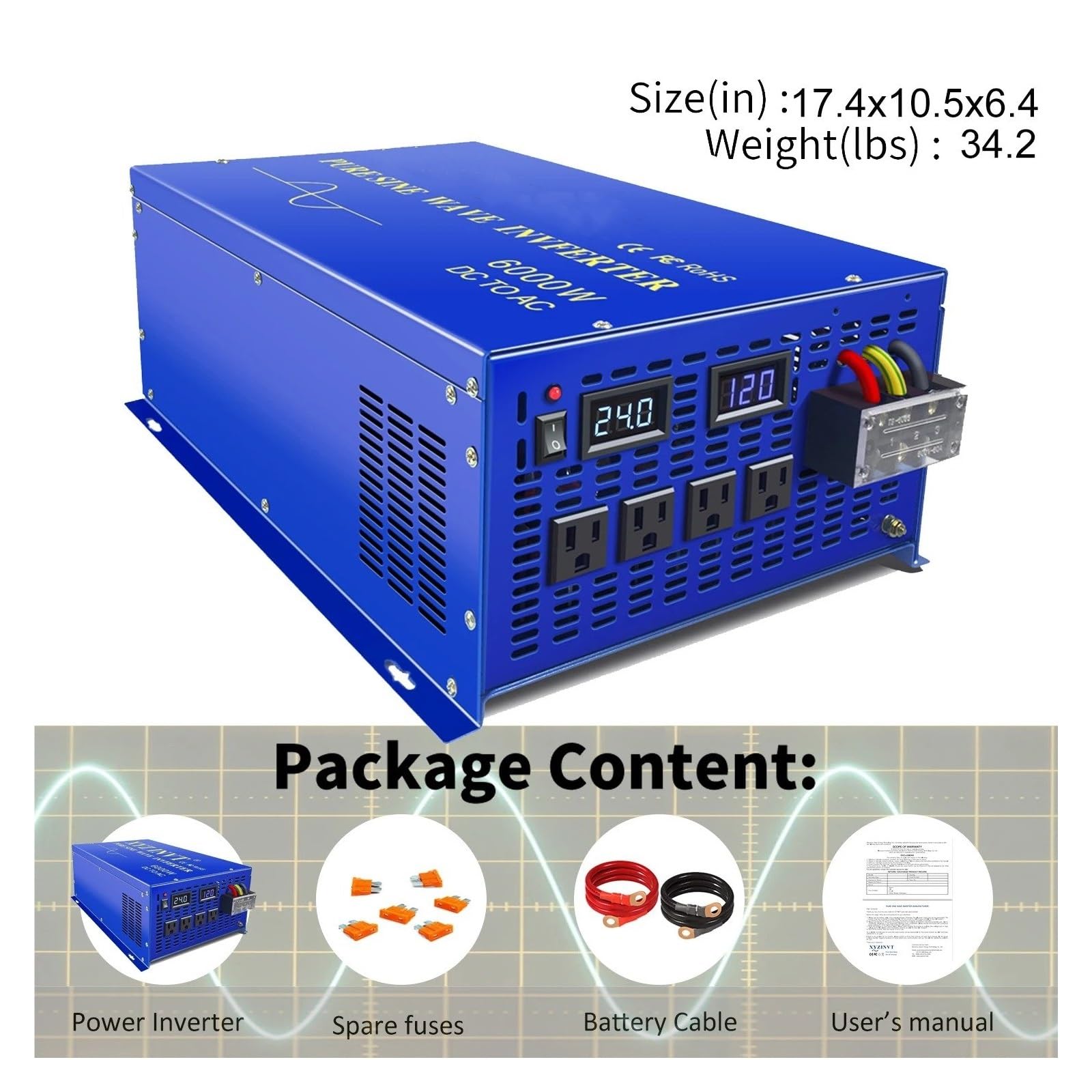 Convertidor Inversor de energía Solar Onda sinusoidal Pura 24 V a 220, 6000 W, convertidor Voltaje CC CA 12 V/36 V/48 V/72 V/96 V/110 120 V/230 V/240 Inversor(240V,France,12V)