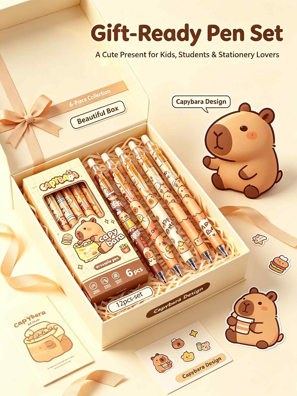 12 Pcs Capybara Pens, Capybara Party Favors Cute Erasable Retractable Gel Ink Cartoon Gift 0.5mm Blue Ink Pen Writing Stuff image 4