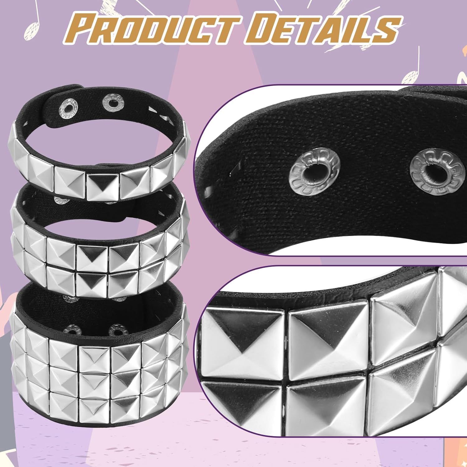 3 Pcs Punk Rock Studded Bracelet, PU Leather Goth Cuff Bracelet 80s Emo Spiked Jewelry Costumes Accessories for Women Men Halloween Party - Image 3