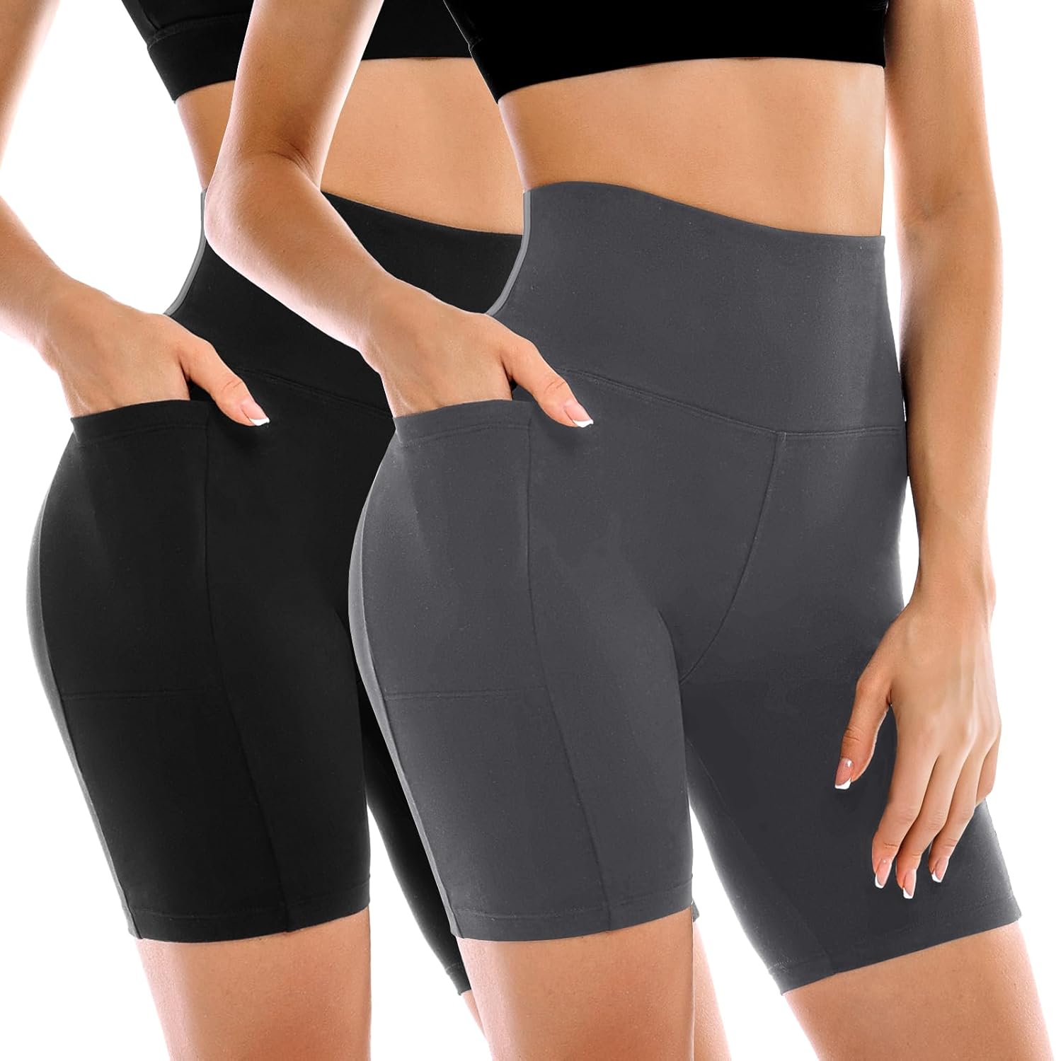 Leafigure 2 Pack Womens Biker Shorts with Pockets, High Waisted Yoga Shorts for Women Running Gym and Workout
