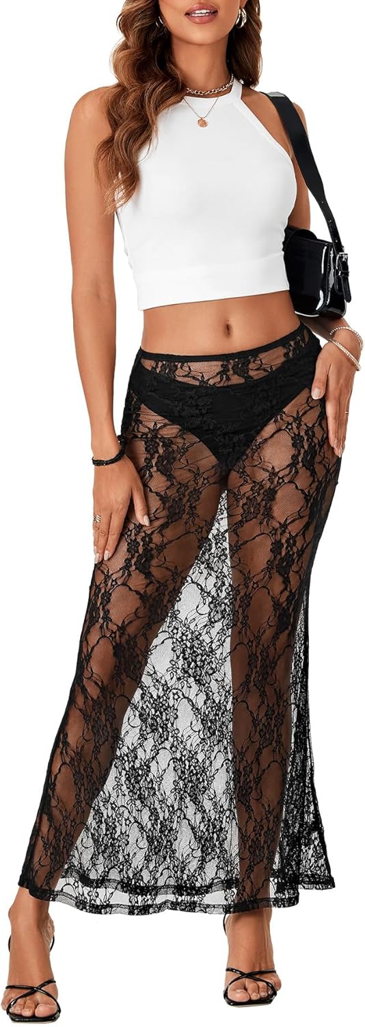 Rooscier Women's Lace Sheer Long Skirt High Waist A-line Summer Sexy Beach Maxi Skirts - Image 5