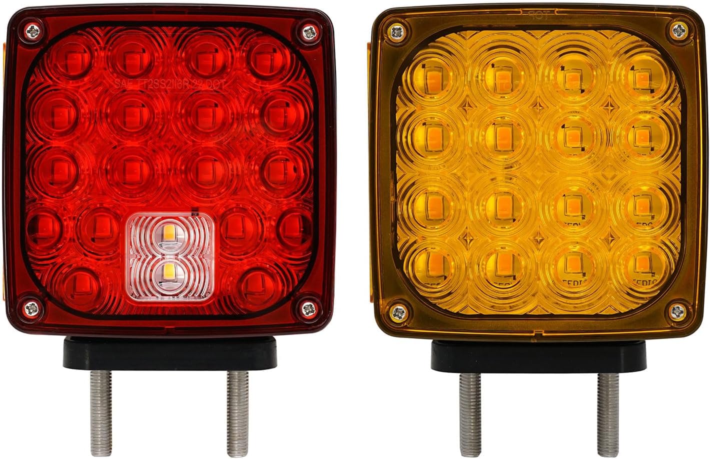 2Pcs Amber/Red+White Square Double Face Pedestal Fender Lights - Stud Mount Multi-Function LED for Heavy Truck, Peterbilt, Kenworth, Freightliner, Trailer & Semi