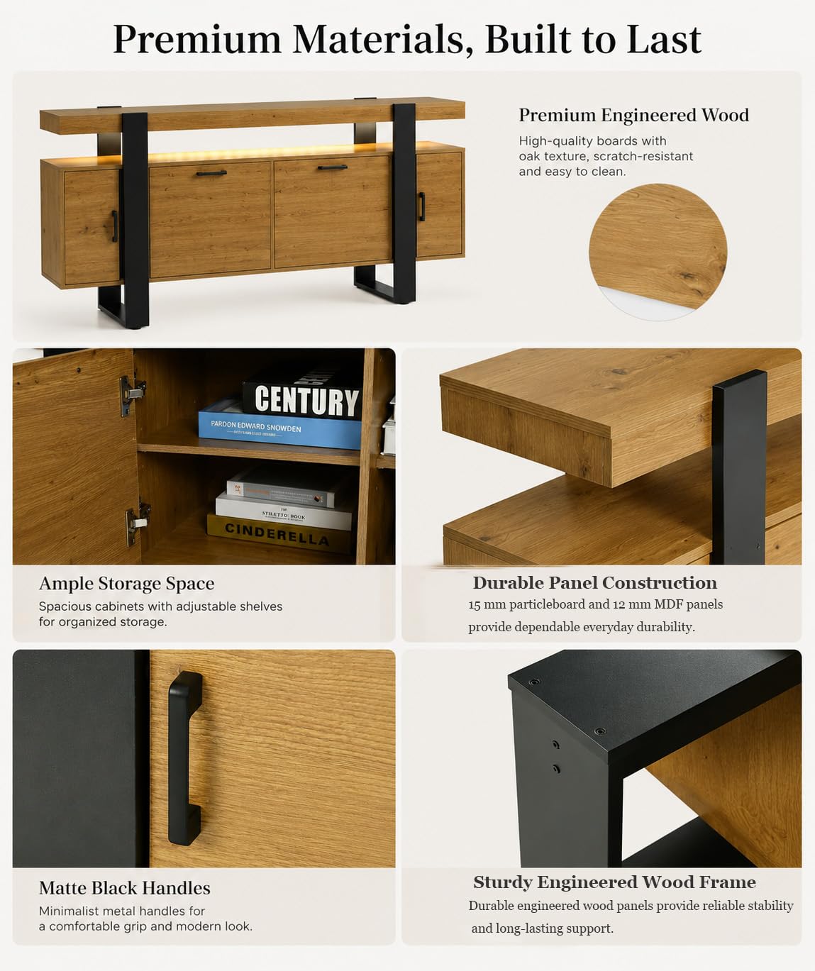 Mueble TV Alto (2 Paquetes) para TV de hasta 60 Pulgadas, Aparador Sideboard con Puertas, 140x40x80 cm, Cómoda para Comedor Entrada Pasillo, Efecto Roble y Negro