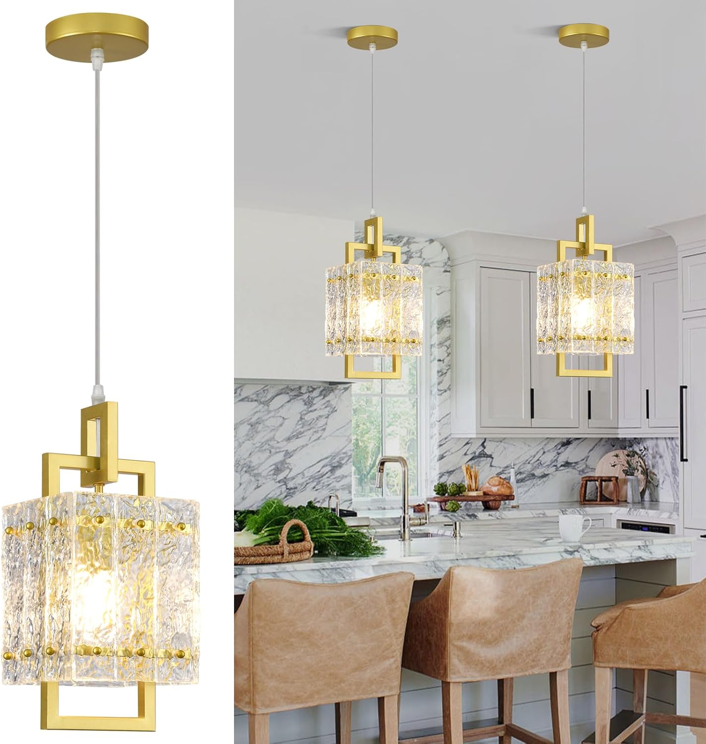 Gold Pendant Light Fixture - Modern Kitchen Island Water Ripple Glass Square Light - Adjustable Hanging Lighting for Kitchen Dining Room Over Island - 1 Pack Gold 1 Pack 12in