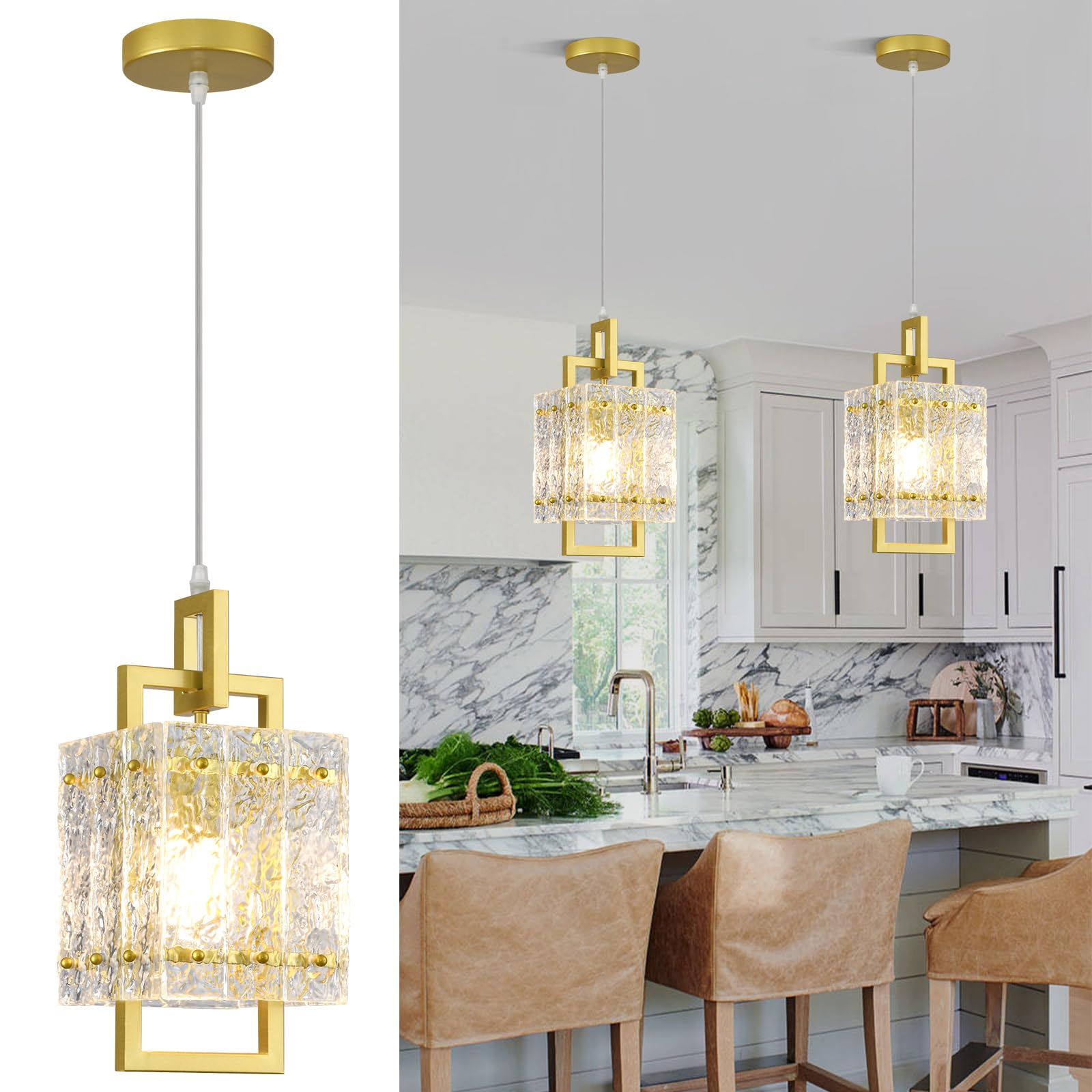 Photo 1 of **FACTORY SEALED**  YUXINLUX Gold Pendant Light Fixture - Modern Kitchen Island Water Ripple Glass Square Light - Adjustable Hanging Lighting for Kitchen Dining Room Over Island - 1 Pack