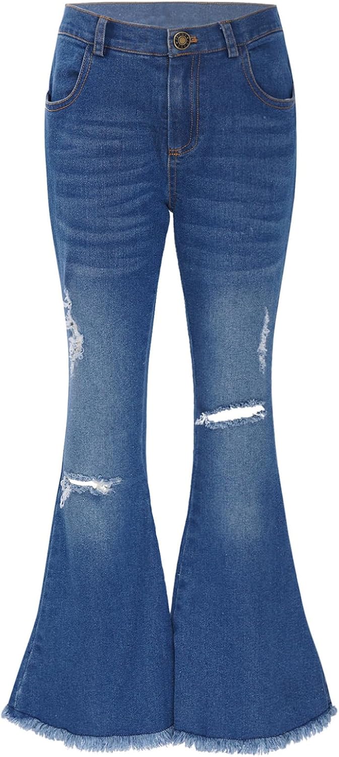 Kids Girls Jean Pants Ripped Denim Bell-Bottom Long Pants High Waist Wide Leg Leggings Trousers Casual Wear