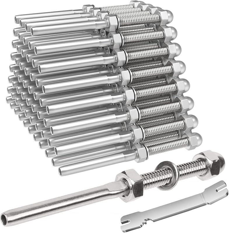 BLIKA Paquete de 50 accesorios de extremo de tensión con perno roscado para barandilla de cable de 1/8" | Para barandilla de cable de escalera de cubierta, acero inoxidable T316, tensor de barandilla de cable de 1/8" para poste de madera/metal de 2"x2"
