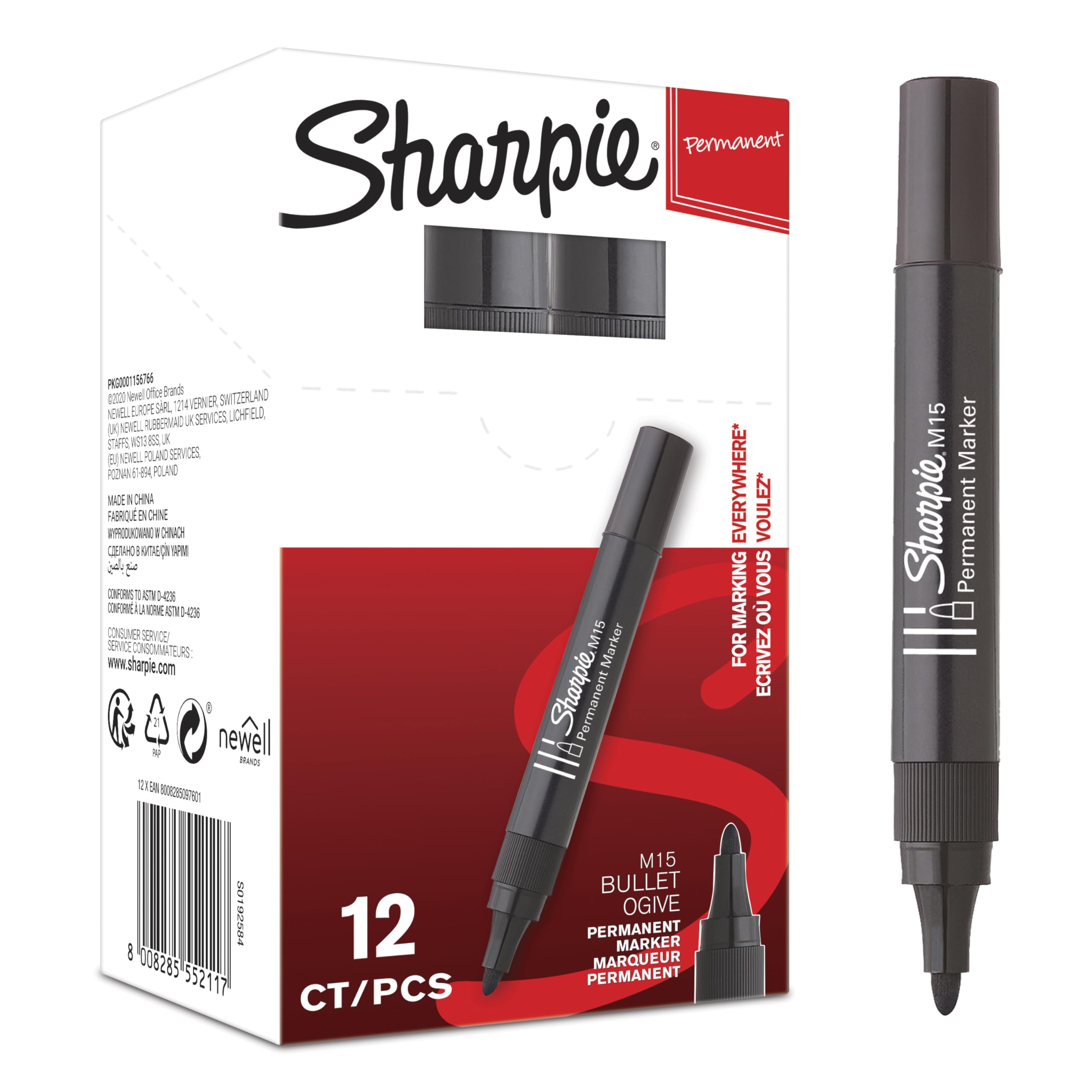 Sharpie M15 rotuladores permanentes | punta redonda | negro | paquete de 12 marcadores