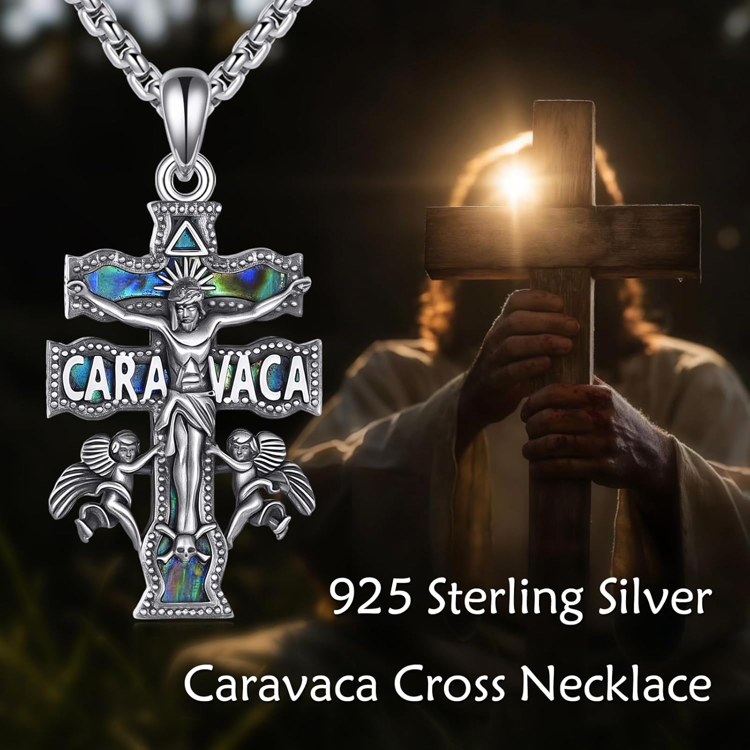 ONEFINITY Christian Cross Necklace 925 Sterling Silver Orthodox/Crucifix/Caravaca/Saint Christopher/Praying Hands Pendant Abalone Shell Black Onyx Wood Religious Catholic Jewelry Gifts for Women Men - Image 5