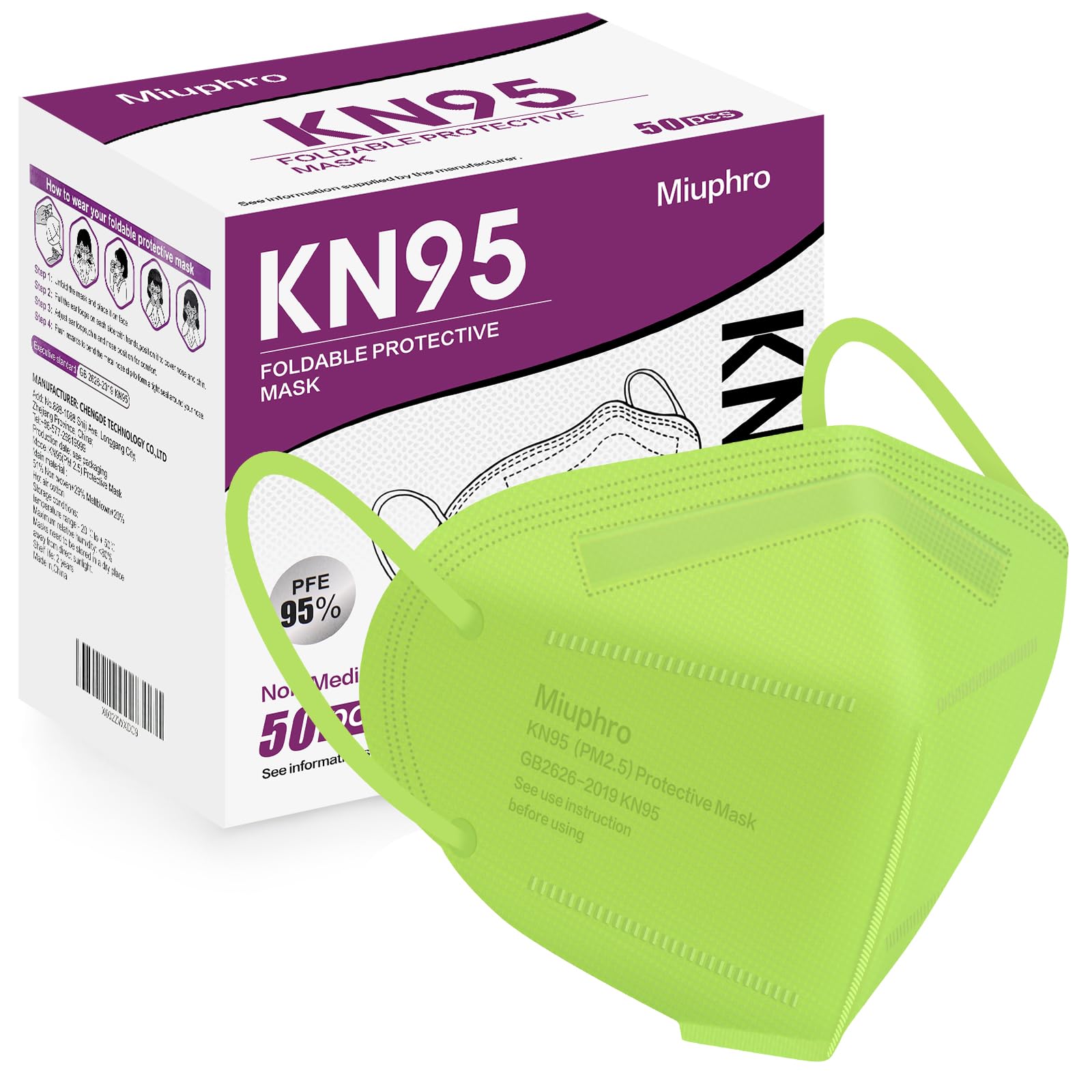 Miuphro KN95 Face Mask 50 Pack, Disposable Respirator Masks, 5 Layer Design Safety Mask for Protection, Ideal for Men and Women (Green)