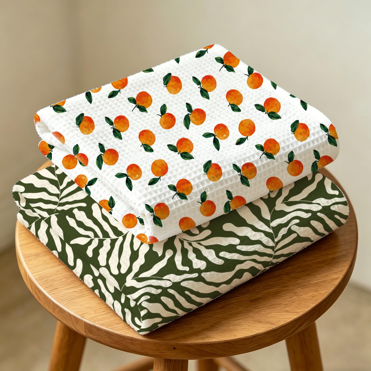PLIGREAT Confezione da 2 strofinacci da cucina a nido d'ape, con motivo a foglie, in cotone, colore arancione, assorbenti, ad asciugatura rapida, in microfibra sostenibile, 40 x 72 cm