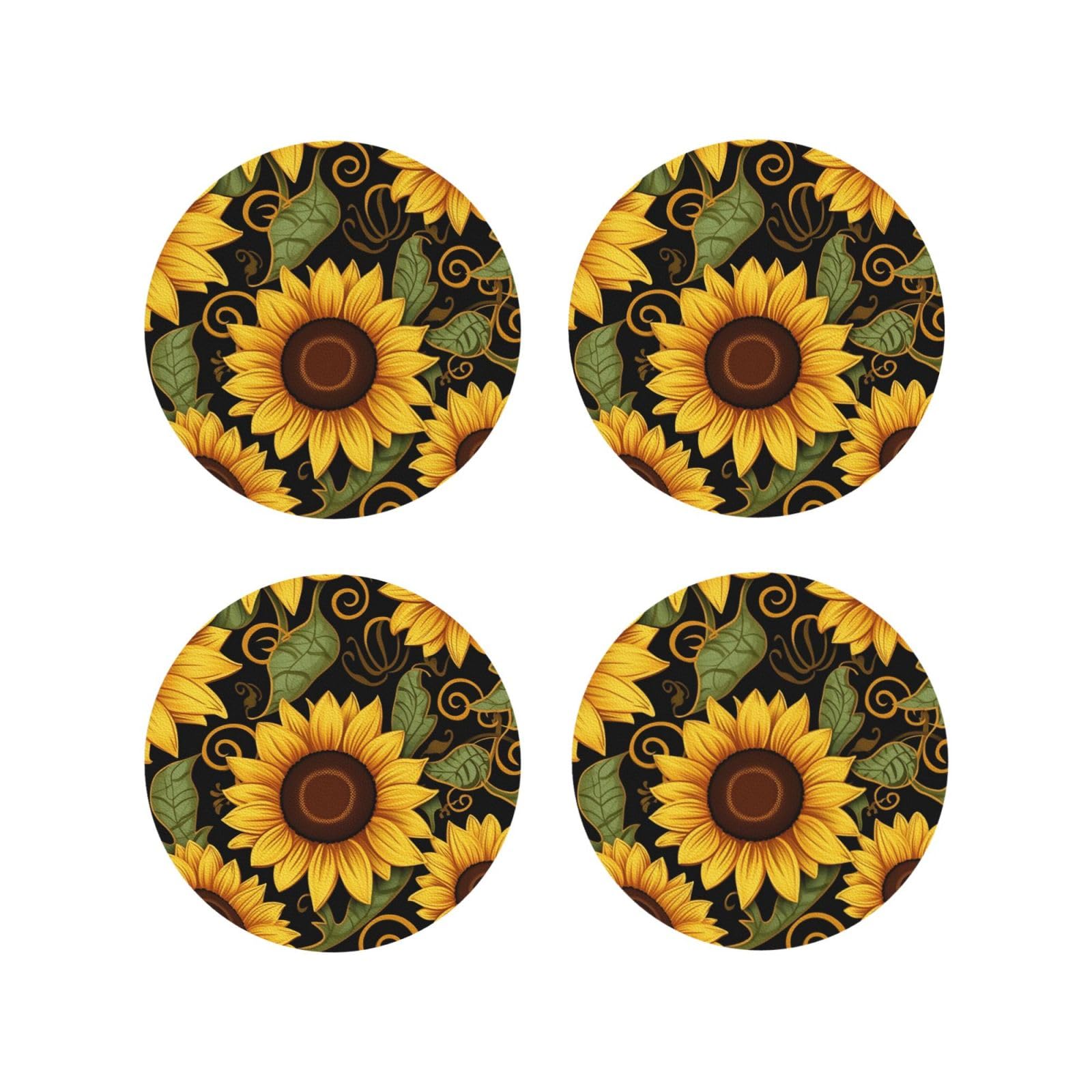 4pcs Drink Coasters for Tabletop Protection, 4" Leather Coasters for Drinks, Beautiful Sunflower Cup Coasters for Coffee Table Decor, Non-Slip Drinking Cup Mat for Hot Or Cold Drink