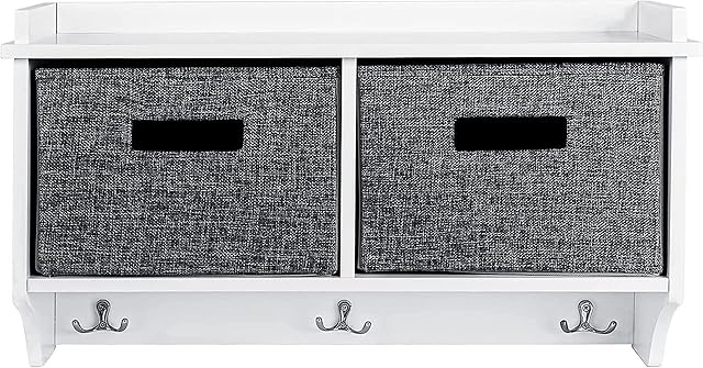iTrend Wooden Wall Coat Rack - Wall Mounted Coat Hooks - Storage Rack - with Three Double Hooks - Hallway Organiser - White 2 Bin Wall Rack