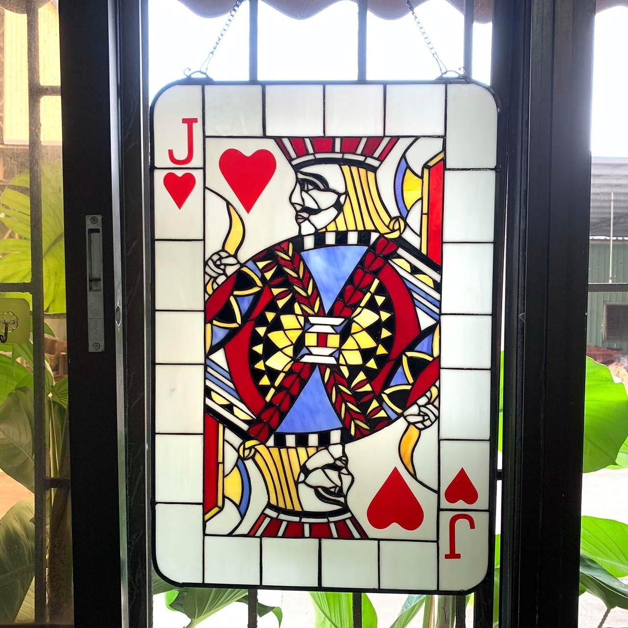 Bieye W10085 Playing Card Tiffany Style Stained Glass Window Panel for Poker Game Room Decoration, 18" W x 26.5" H (Jack, Hearts)