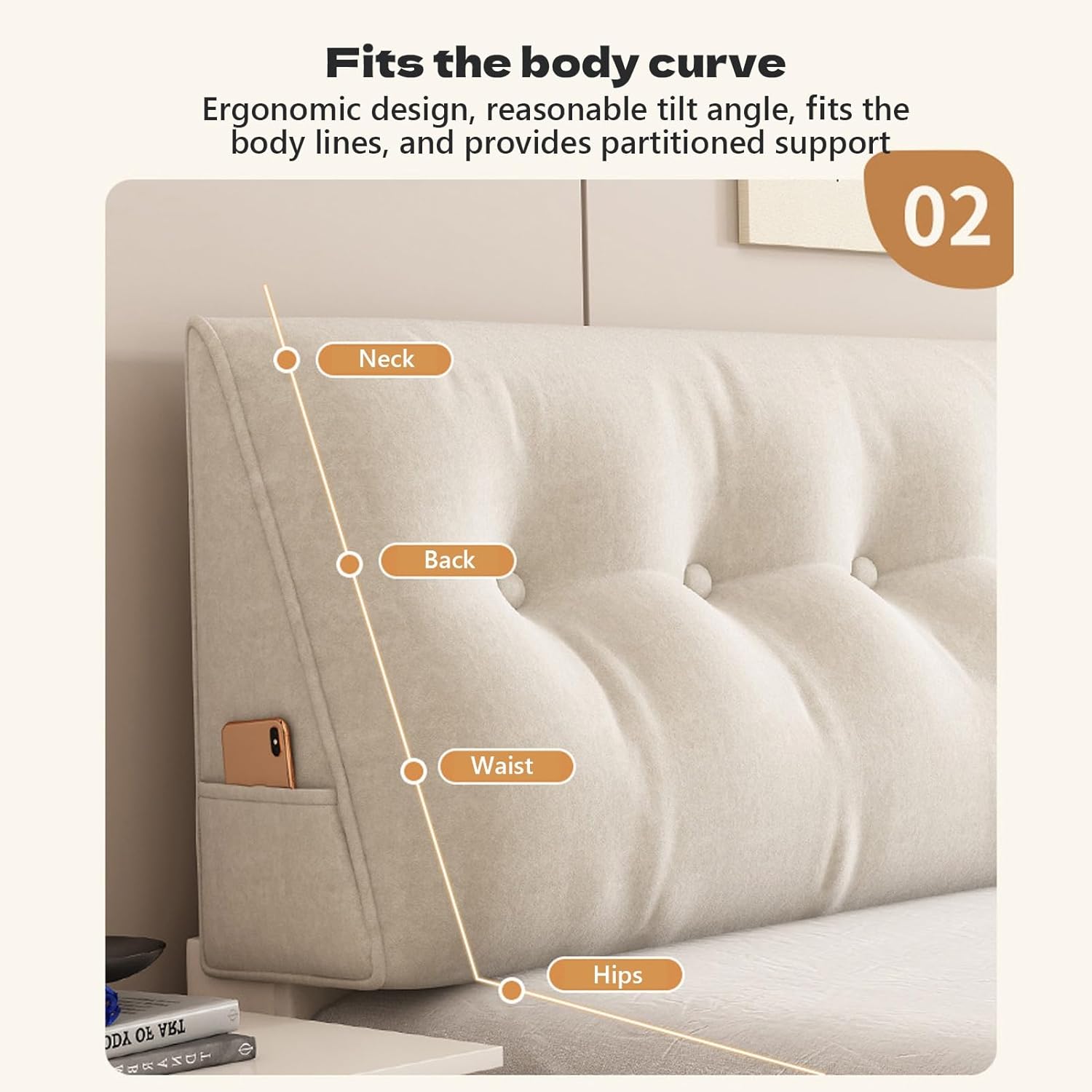 Headboard Wedge Pillow, Large Triangular Reading Bolster Cushion, Comfortable Daybed Pillows with Side Pockets, Back Lumbar Support for Bed Resting(Yellow,23.6x19.7in)