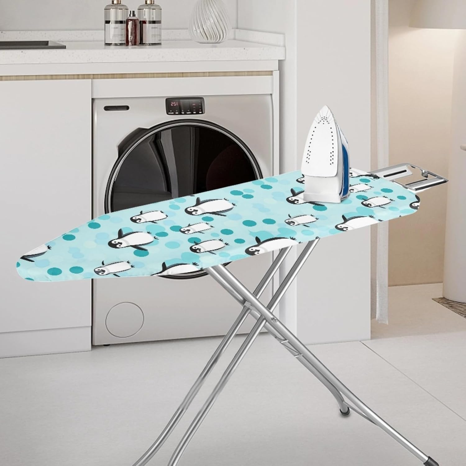 Large Ironing Board Cover and Pad 59x19 Light Blue Dot Iron Table Cover with Padding,Extra Wide,Resist Scorching and Staining,Heatproof,Adjustable Fastener Durable Stain