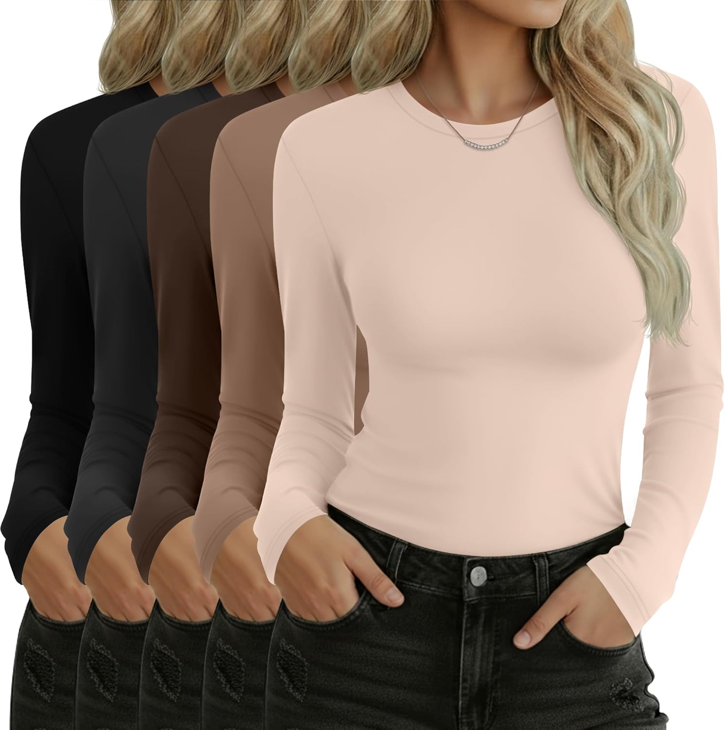 5 Pack Women's Long Sleeve Shirts Slim Fit Crew Neck Basic Tops Multipack Casual Layering Tee Undershirts