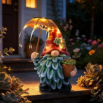 Solar Outdoor Statues Gnome Garden Decor, Garden Gnome with Solar LED Umbrella Decorative for Patio, Balcony, Lawn, Yard Ornament - Christmas Gardening Gifts for Mom Grandma