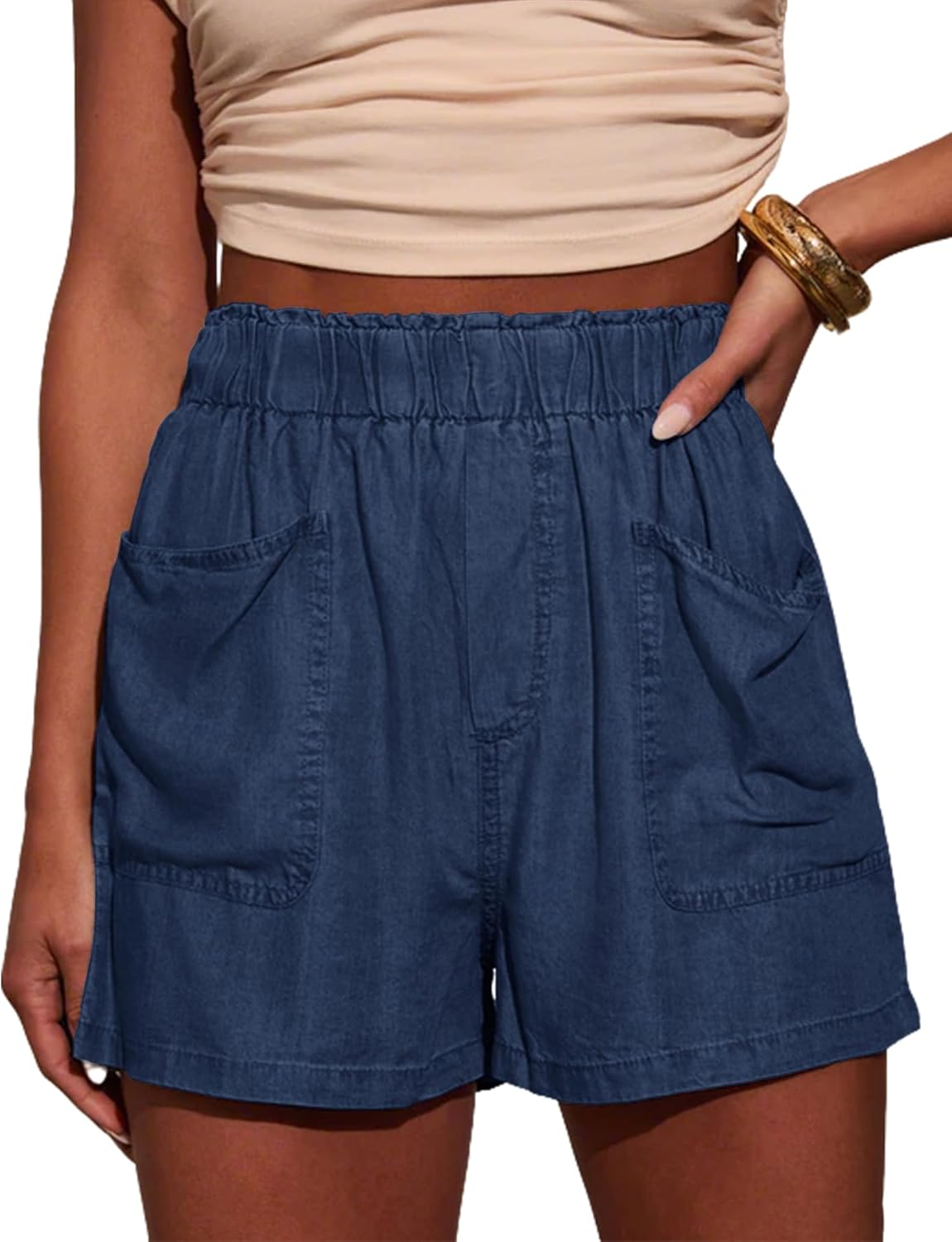 Vivitulip Women’s High Rise Elastic Waist Summer Casual Pocketed Denim Shorts