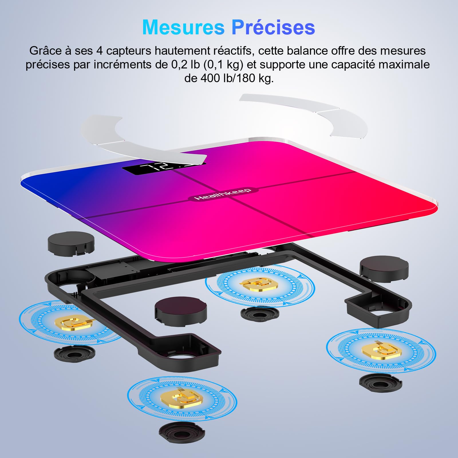 Balance Pèse Personne, Healthkeep Balance Impédancemètre Bluetooth Balance Connectée Haute Précision avec App 13 Indicateurs pour Andriod et iOS Max 180kg/400lb/28st, 28 * 28CM - Multicolore