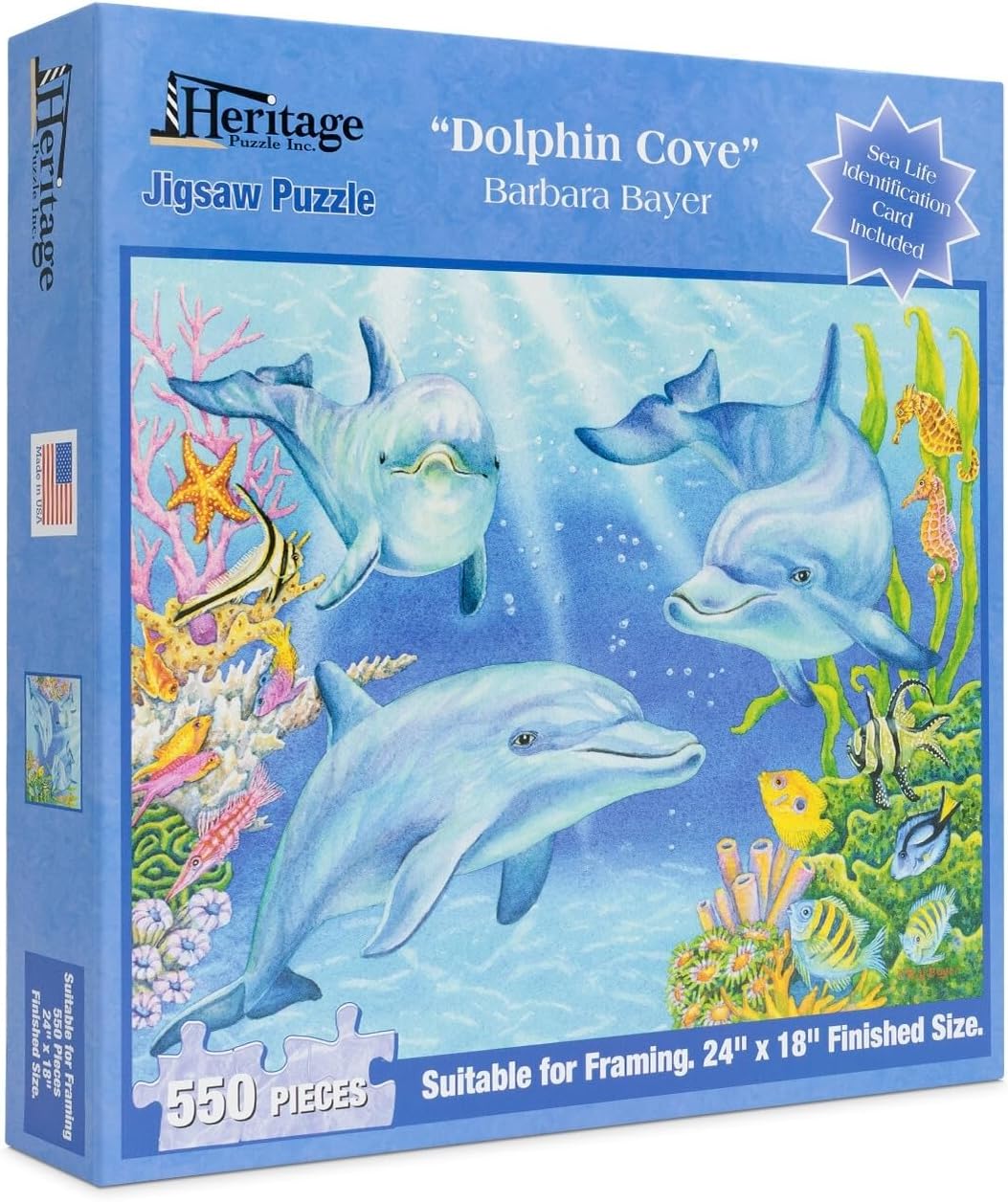 Heritage Puzzle Dolphin Cove by Barbara Bayer 550 Piece Puzzles for Adults - Ocean Theme Artwork, Challenging and Fun - Made in The USA Frameable Jigsaw Puzzle 18" x 24" Finished Size